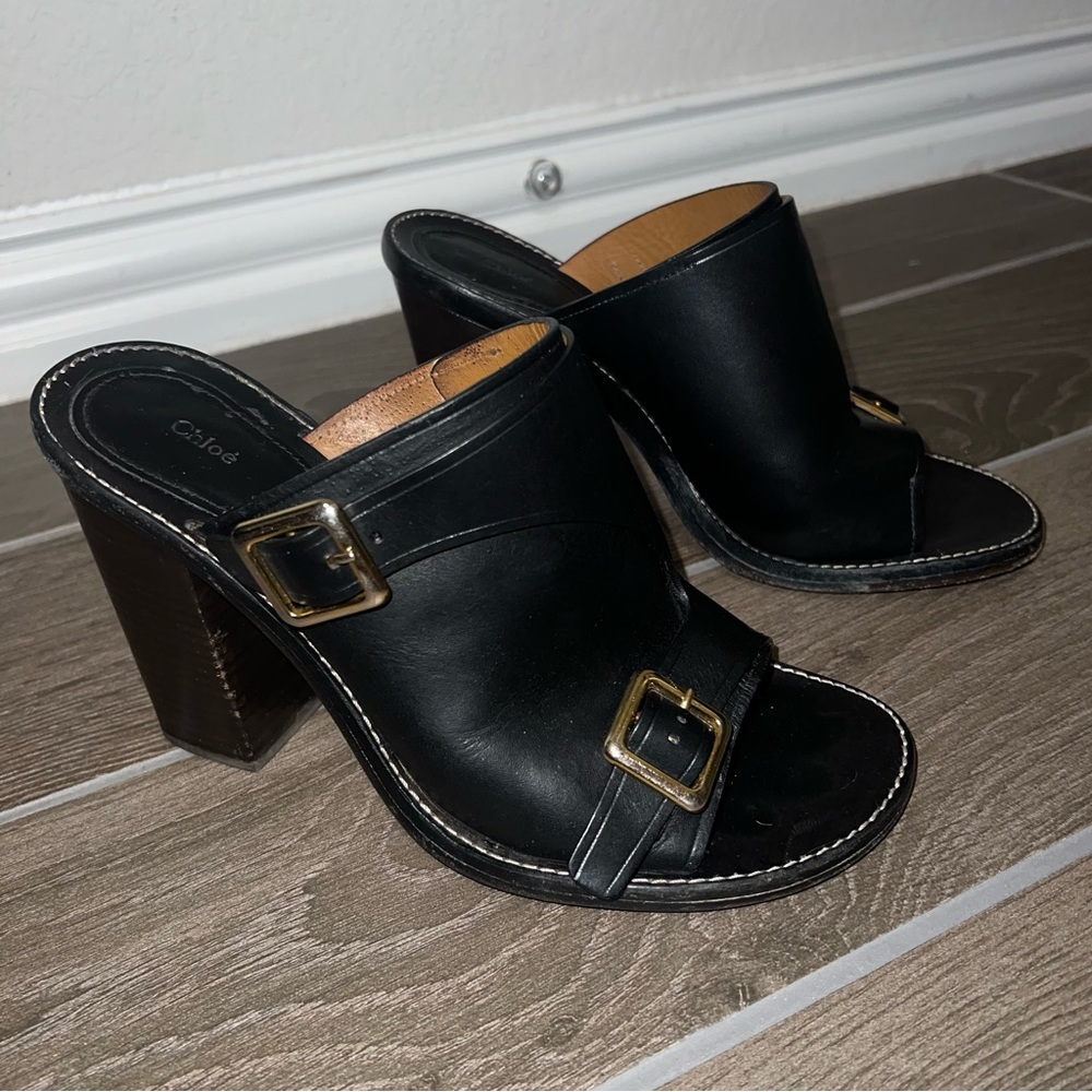 CHLOÉ black leather chunky heel mule shoes